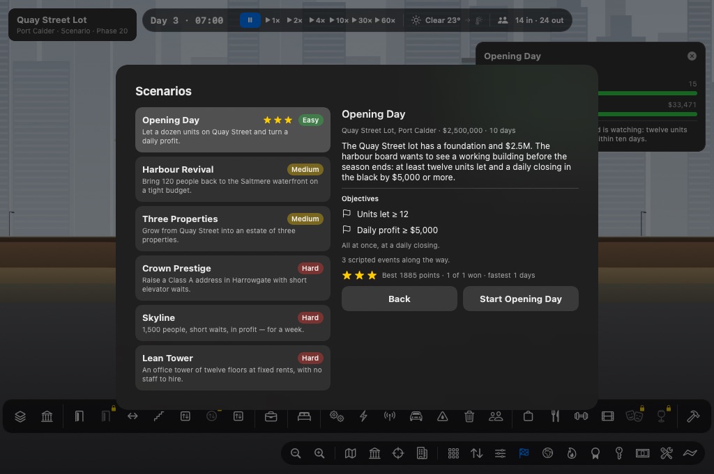 The scenario browser, with Opening Day selected, its objectives and a three-star record.